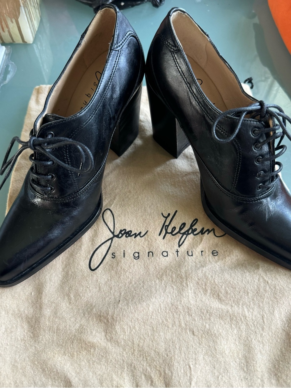 Joan Helpern Signature Black Lace-Up Block Heel Oxfords